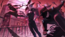 1other 3boys belt bird bird_mask black_belt black_jacket black_pants black_shirt city crow highres hood horned_hood horns huohanaa jacket jewelry kieran_(love_and_deepspace) love_and_deepspace luke_(love_and_deepspace) mask mephisto_(love_and_deepspace) multiple_boys open_clothes open_shirt pants parted_bangs parted_lips ring shirt short_hair sylus_(love_and_deepspace) teeth white_hair