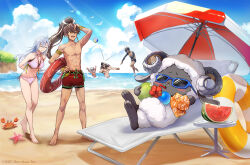 2girls 3boys arm_up arms_up artist_request ball bangle beach beach_chair beach_umbrella beach_volleyball beachball bikini black_hair bracelet breasts brown_hair chair cherry_blossom_print closed_eyes cloud cloudy_sky collared_halterneck commentary copyright_notice crab crossed_legs curled_horns dark-skinned_female dark_skin day dragon_horns english_commentary floral_print food fruit gold halterneck hawaiian_shirt highres horns in_water jewelry kaguya_(rune_factory) kai_(rune_factory) kurama_(rune_factory) leaning_back leaning_forward lens_flare long_hair lounge_chair male_swimwear marvelous mask masked matsuri_(rune_factory) medium_breasts multiple_boys multiple_girls official_art oni_mask open_mouth outstretched_arms pink_bikini ponytail print_bikini reclining red_eyes red_male_swimwear relaxing rune_factory rune_factory:_guardians_of_azuma shirt side-tie_bikini_bottom side-tie_bikini_top sitting sky smile spread_arms standing starfish subaru_(rune_factory) sunlight swimsuit toned toned_male topless_male umbrella volleyball water watermelon watermelon_slice white_hair woolby