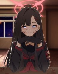 1girl absurdres armband black_gloves black_hair black_sailor_collar black_serafuku black_shirt blood blood_on_face blood_splatter blue_archive closed_mouth doki_doki_literature_club elbow_on_table elbow_rest gloves grey_eyes hair_ornament hairclip halo head_rest highres ichika_(blue_archive) long_hair long_sleeves looking_at_viewer neckerchief red_armband red_halo red_neckerchief reia_76 sailor_collar school_uniform serafuku shirt smile solo unusually_open_eyes