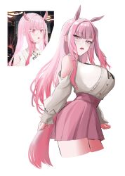 1girl animal_ears breasts clothing_cutout glasses gloryaldelly highres hololive hololive_english horse_ears horse_girl horse_tail huge_breasts mori_calliope mori_calliope_(kawaiiope) official_alternate_costume official_alternate_hairstyle pink_eyes pink_hair pink_skirt screenshot_inset shirt shoulder_cutout simple_background skirt solo tail virtual_youtuber white_background white_shirt