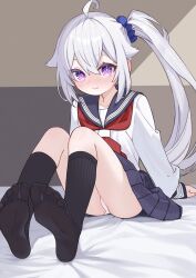 Rule 34 | 1girl, absurdres, ahoge, black socks, blush, embarrassed, feet, grey hair, hair ornament, hair scrunchie, highres, long hair, looking at viewer, original, panties, pleated skirt, purple eyes, school uniform, scrunchie, serafuku, shirono mirai, side ponytail, skirt, socks, solo, toes, underwear, white panties, zero (miraichizu)