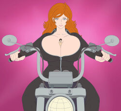 1boy 1girl arsene_lupin_iii between_breasts bodysuit breasts cleavage flat_color highres huge_breasts long_hair looking_at_viewer lupin_iii mine_fujiko mini_person motor_vehicle motorcycle orange_hair person_between_breasts saturnxart