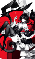 1girl animal_ears artist_name bare_shoulders cat cat_ears cat_tail detached_sleeves dress hat high_heels highres holding limited_palette long_sleeves medium_hair nail_polish original red_eyes red_nails sheya signature solo spot_color strapless strapless_dress tail thighhighs witch_hat