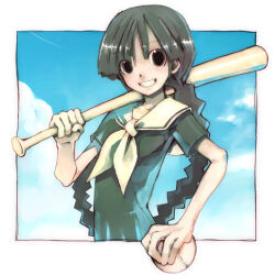 1girl bad_id ball baseball baseball_bat black_eyes black_hair blue_sky braid cloud collarbone commentary_request grin hand_up holding holding_ball holding_baseball_bat kei_(keigarou) lillian_girls&#039;_academy_school_uniform long_hair lowres maria-sama_ga_miteru neckerchief over_shoulder sailor_collar school_uniform serafuku shimazu_yoshino short_sleeves sky smile solo teeth twin_braids white_neckerchief white_sailor_collar