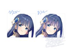 1girl armor black_shirt blue_eyes blue_gemstone blue_hair blunt_bangs breastplate closed_mouth commentary_request dot_nose eyelashes gem gem_hair_ornament happy head_tilt highres how_to light_blush long_hair magia_record:_mahou_shoujo_madoka_magica_gaiden magical_girl mahou_shoujo_madoka_magica nanami_yachiyo pauldrons portrait serizawa_serizane shirt shoulder_armor simple_background smile string tareme translation_request turtleneck turtleneck_shirt twitter_username variations veil watermark white_background white_veil