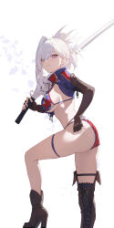 1girl absurdres american_flag american_flag_bikini american_flag_print bikini blue_eyes breasts fate/grand_order fate_(series) flag_print flag_print_bikini gloves grey_hair gunblade highres large_breasts long_hair long_sleeves looking_at_viewer miyamoto_musashi_(fate) miyamoto_musashi_(fate/grand_order) miyamoto_musashi_(swimsuit_berserker)_(fate) miyamoto_musashi_(swimsuit_berserker)_(second_ascension)_(fate) ponytail print_bikini shrug_(clothing) smile solo sukaliya swept_bangs swimsuit thighhighs weapon