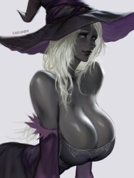1girl absurdres bare_shoulders black_dress black_skin breasts cleavage colored_skin dark-skinned_female dark_skin dress elden_ring elden_ring_nightreign hat highres large_breasts large_hat long_hair looking_at_viewer purple_hat ragecndy recluse_(elden_ring) simple_background solo very_dark_skin white_hair wide_sleeves witch witch_hat