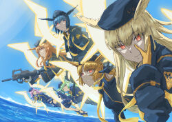 Rule 34 | 6+girls, beret, black gloves, black hair, black hat, black jacket, black one-piece swimsuit, black ribbon, blonde hair, blue sky, braid, breasts, choker, cleavage, cleavage cutout, clothing cutout, energy wings, fate/grand order, fate (series), geirskogul (fate), gloves, green hair, gun, hair ribbon, hat, head wings, highres, hildr (fate), hildr (swimsuit assassin) (fate), hood, hooded jacket, jacket, large breasts, long hair, long sleeves, looking at viewer, multiple girls, ocean, olrun (fate), one-piece swimsuit, open clothes, open jacket, orange hair, ortlinde (fate), ortlinde (swimsuit assassin) (fate), pink hair, red eyes, ribbon, rindr (fate), short hair, sidelocks, sky, smile, swimsuit, thrud (fate), thrud (swimsuit assassin) (fate), twintails, valkyrie (fate), weapon, wings, zakio