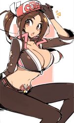 1girl almightychiru black_jacket black_pants breasts brown_eyes brown_hair cleavage commentary crop_top cropped_jacket english_commentary fatal_fury fatal_fury:_city_of_the_wolves hat headwear_writing highres jacket large_breasts leather long_hair looking_at_viewer midriff navel official_alternate_costume pants ponytail red_hat revealing_clothes shiranui_mai simple_background snk solo street_fighter street_fighter_6 the_king_of_fighters two-tone_hat white_hat