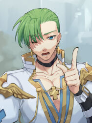 1boy arm_belt asymmetrical_bangs belt black_choker blue_eyes cardinal_(ragnarok_online) choker commentary_request cross cross_necklace earrings eric_flay fake_wings golden_wings green_hair index_finger_raised jewelry long_sleeves looking_at_viewer lower_teeth_only male_focus necklace one_eye_closed open_clothes open_mouth open_shirt pectoral_cleavage pectorals ragnarok_online shirt short_hair solo teeth upper_body white_belt white_shirt wings