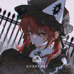1girl black_bow black_dress black_hat black_pantyhose black_ribbon black_shawl bored bow cloud cloudy_sky collared_shirt dress eye_print eyelashes fence frilled_dress frilled_headwear frills fur_shawl grey_eyes hair_between_eyes hair_bow hair_over_shoulder hat kitakawayui knees_up light_blush light_frown light_particles lips long_hair long_sleeves low_twintails mob_cap neck_ribbon original outdoors pantyhose pinafore_dress red_hair ribbon shawl shirt sky sleeveless sleeveless_dress solo squatting triangular_headpiece twintails upper_body white_shirt