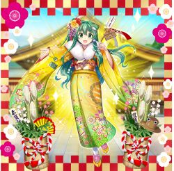 1girl alternate_costume alternate_hairstyle arrow_(projectile) bamboo blue_sky blurry blurry_background border brown_hat building checkered_border ema floral_print flower flower_request frog_hair_ornament full_body fur_trim furisode game_cg gradient_clothes gradient_kimono green_hair green_kimono hair_flower hair_ornament hamaya hat highres japanese_clothes kadomatsu kimono kochiya_sanae kochiya_sanae_(victory_wind_priestess) long_hair long_sleeves looking_at_viewer moriya_shrine multicolored_kimono new_year obi obijime official_art open_mouth outdoors pink_flower print_kimono pyonta red_flower rotte_(1109) sash shoes sky smile snake_hair_ornament socks solo sparkle tabi third-party_source touhou touhou_lostword translation_request transparent_background unworn_hat unworn_headwear very_long_hair white_flower white_socks wide_sleeves yellow_flower yellow_kimono yellow_shoes