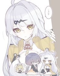 3girls absurdres animal_ears belle_(delicate_sunlight)_(zenless_zone_zero) belle_(zenless_zone_zero) bird black_bird breasts cat_ears cat_girl chibi elbow_gloves fingerless_gloves gloves green_eyes hair_ornament hairclip highres ju_fufu large_breasts long_hair long_sleeves mole mole_on_breast multiple_girls official_alternate_costume pantyhose purple_hair short_hair single_elbow_glove single_hair_intake sitting tiger_ears tiger_girl translation_request wariza white_hair white_pantyhose yellow_eyes yixuan_(zenless_zone_zero) zenless_zone_zero zzzii0