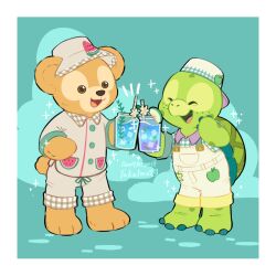 2boys animal_ears bear cup drink duffy_and_friends duffy_the_disney_bear full_body happy highres holding holding_cup looking_at_viewer multiple_boys no_humans olu_mel shirt smile standing stuffed_animal stuffed_toy takatmaorange turtle_boy