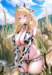 Rule 34 | 1girl, :o, absurdres, animal ears, animal print, azur lane, bell, blonde hair, blush, breasts, cleavage, commentary, cow ears, cow horns, cow print, cow print gloves, cow print thighhighs, day, elbow gloves, gloves, gouden leeuw (azur lane), hair between eyes, highres, holding, horns, large breasts, long hair, looking at viewer, mole, mole under eye, open mouth, outdoors, pointy ears, print gloves, print thighhighs, purple eyes, solo, tansuan (ensj3875), thighhighs, thighs, wheat