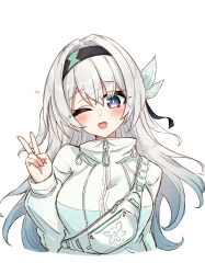 1girl ;d absurdres black_hairband blue_eyes blush breasts commentary cropped_torso firefly_(honkai:_star_rail) hair_between_eyes hairband head_tilt heart highres honkai:_star_rail honkai_(series) jacket long_hair long_sleeves looking_at_viewer maiq06 multicolored_eyes one_eye_closed open_mouth purple_eyes simple_background smile solo two-tone_eyes v white_background white_hair white_jacket
