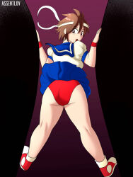 1girl ass assentlov blush brown_hair capcom dress from_behind gloves headband hole kasugano_sakura legs looking_back panties red_panties sailor_dress street_fighter street_fighter_zero street_fighter_zero_(series) underwear upskirt