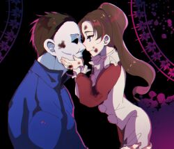 1boy 1girl 1kouj1_yaeko 2019 age_difference black_background brown_hair clown_costume halloween_(movie) height_difference jamie_lloyd leg_grab legs loli michael_myers older_man_and_younger_girl size_difference uncle_and_niece white_mask