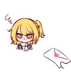 1girl absurdres blonde_hair blush braid chibi chibi_only chinese_commentary closed_mouth commentary_request envelope frown green_eyes half_up_braid highres holding holding_envelope holding_letter letter looking_at_viewer love_letter mizuhashi_parsee ponytail scarf shen_bi_ren_(user_rjgy2824) short_hair short_ponytail simple_background solo squiggle touhou upper_body white_background white_scarf