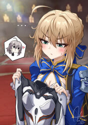 ... 1girl absurdres ahoge armor artoria_pendragon_(fate) blonde_hair blue_bow blue_bowtie blue_dress blurry blurry_background blush bow bowtie braid braided_bun breasts cleavage commentary_request crossover dasoin dated dress facing_viewer fate/stay_night fate/unlimited_blade_works fate_(series) green_eyes hair_bun hair_ribbon highres holding holding_unworn_clothes honkai:_star_rail honkai_(series) long_sleeves looking_at_object medium_breasts mixed-language_commentary official_alternate_costume partial_commentary pauldrons ribbon saber_(fate) saber_(honkai:_star_rail)_(fate) shoulder_armor signature single_pauldron solo speech_bubble spoken_character stelle_(honkai:_star_rail) sweatdrop trailblazer_(honkai:_star_rail) unworn_bodysuit