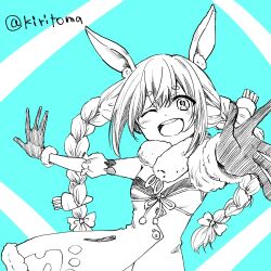 Rule 34 | 1girl, ;d, animal ear fluff, animal ears, blue background, bow, braid, carrot hair ornament, commentary request, detached sleeves, don-chan (usada pekora), dress, food-themed hair ornament, fur-trimmed dress, fur-trimmed gloves, fur trim, gloves, hair between eyes, hair bow, hair ornament, highres, hololive, kiritoma, leotard, looking at viewer, one eye closed, open mouth, outstretched arms, puffy short sleeves, puffy sleeves, rabbit ears, short eyebrows, short sleeves, smile, solo, strapless, strapless dress, strapless leotard, thick eyebrows, twin braids, twintails, twitter username, two-tone background, usada pekora, usada pekora (1st costume), virtual youtuber, white background