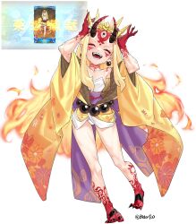 1girl absurdres bidortw blonde_hair breasts colored_extremities crown earrings fate/grand_order fate_(series) fiery_hair fingernails game_screenshot_inset highres horns ibaraki_douji_(fate) jewelry long_hair pointy_ears sharp_fingernails sharp_teeth small_breasts teeth twitter_username white_background wide_sleeves