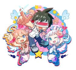 1boy 6+girls ;) ahoge amatsuka_patako angel aqua_eyes azure_striker_gunvolt black_hair blonde_hair blue_eyes diffraction_spikes drill_hair drop_shadow ekoro_(galgun) floating gal_gun gal_gun_(series) gal_gun_double_peace hair_ribbon halo heart hibuki_akira mighty_gunvolt mighty_gunvolt_burst motesugi_tenzou multiple_girls natsume_yuji nonomiya_kaname official_art one_eye_closed open_mouth patako_(gal_gun) pointing red_hair ribbon sakurazaki_kaoruko shirt shoes short_sleeves skirt sleeveless sleeveless_shirt smile sneakers star_(symbol) transparent_background twin_drills uno_aoi v visor wings