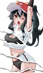 1girl animal_ear_headwear arm_behind_head arms_up azur_lane bandaid bandaid_on_cheek bandaid_on_face baseball_cap baseball_uniform black_bra black_hair black_panties bra breasts cleavage crop_top crop_top_overhang cropped_shirt crossed_bandaids curvy fake_animal_ears hair_between_eyes hat highres large_breasts long_hair looking_at_viewer multicolored_hair navel official_alternate_costume official_alternate_hairstyle one_eye_closed open_mouth panties red_eyes red_hat revealing_layer shirt shorts simple_background solo sportswear streaked_hair stretching symbol-shaped_pupils two-tone_hair underwear white_background white_hair white_shirt white_shorts wynnblue x-shaped_pupils z16_(azur_lane) z16_(guaranteed_grand_slam)_(azur_lane)