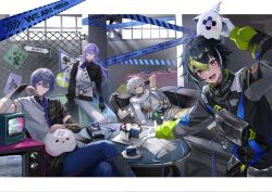 4boys animal animal_on_head black_gloves black_hair black_jacket blue_eyes blue_hair blue_pants cake cake_slice caution_tape chain-link_fence closed_mouth commentary_request couch crossed_legs dytica_(nijisanji) fence food fork gloves green_eyes green_hair grey_eyes hat head_rest headphones heterochromia highres hoshirube_sho hoshirube_sho_(1st_costume) inami_rai inami_rai_(1st_costume) indoors jacket japanese_clothes koyanagi_rou koyanagi_rou_(1st_costume) letterboxed long_hair looking_at_viewer lying male_focus multicolored_hair multicolored_jacket multiple_boys murakumo_kagetsu murakumo_kagetsu_(1st_costume) nijisanji on_back on_head open_mouth otomo_(hoshirube_sho) pants party_hat plate pora_0918 purple_eyes purple_hair racing_suit red_eyes scarf short_hair sign smile streaked_hair table television toy_car two-tone_jacket upper_body virtual_youtuber warning_sign watakumo_(murakumo_kagetsu) white_gloves white_hair white_jacket white_scarf
