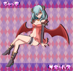 1girl argyle_background babydoll black_boots black_choker black_panties blue_eyes blue_hair boots breasts brown_horns choker closed_mouth commentary_request demon_girl demon_wings frilled_thigh_strap full_body gem heterochromia high_heel_boots high_heels horns invisible_chair lips long_hair looking_at_viewer medium_breasts mere_(enya) navel orange_gemstone panties purple_background ragnarok_online red_babydoll red_wings shaded_face sitting smile solo succubus_(ragnarok_online) thigh_strap translation_request underwear wings yellow_eyes
