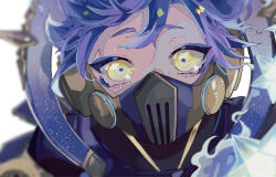 Rule 34 | 1boy, android, blue eyeshadow, blue hair, blue pupils, blurry, close-up, commentary, costume request, depth of field, eyeshadow, hair between eyes, highres, looking at viewer, makeup, male focus, mask, mechabare, melting eyes, official alternate costume, ortho shroud, portrait, respirator, short eyebrows, short hair, solo, star (symbol), tail ear, twisted wonderland, wavy hair, white background, yellow eyes