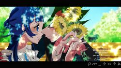 Rule 34 | 1boy, 1girl, am susk, aokaze nana, bench, black gloves, black jacket, blue eyes, blue hair, blue sky, blunt bangs, blush, bouquet, collarbone, couple, fingerless gloves, flower, gloves, gradient hair, green hair, half up bun, hand on another&#039;s shoulder, highres, holding, holding bouquet, holding hands, jacket, kimi to idol precure, long hair, long sleeves, looking at another, mature male, multicolored hair, neck, noses touching, on bench, park, park bench, parted bangs, precure, puffy-trimmed shirt, puffy sleeves, shade, shadow, shirt, short hair, sideways, sideways face, sitting sideways, sky, summer, sunflower, sunlight, tree, twitter username, watermark, white shirt, wooden bench, zakkuri (precure)