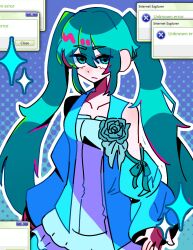 1girl aqua_eyes aqua_flower aqua_hair aqua_rose bare_shoulders blue_dress clothing_cutout collarbone dress dress_flower dress_ribbon error_message evillious_nendaiki flower frilled_dress frills halftone halftone_background hatsune_miku highres long_hair looking_at_viewer ma_meichan margarita_blankenheim nemurase_hime_kara_no_okurimono_(vocaloid) neon_palette rose serious shoulder_cutout sidelocks solo sparkle twintails two-tone_dress very_long_hair vocaloid wide_sleeves window_(computing)