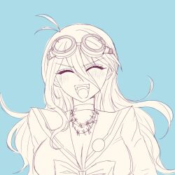 1girl antenna_hair barbed_wire blush bow bowtie breasts choker cleavage danganronpa_(series) danganronpa_v3:_killing_harmony facing_viewer fang goggles goggles_on_head grey_background iruma_miu large_breasts long_hair long_sleeves opapiiya1 shirt simple_background smile solo upper_body
