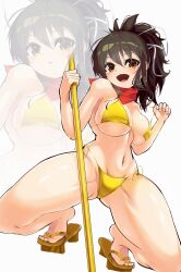 Rule 34 | 1girl, bikini, black hair, breasts, brown eyes, character request, full body, geta, gold bikini, golden week, golden week bikini, high ponytail, highres, keldancon, large breasts, long hair, missing commentary, navel, pole, ponytail, senran kagura, side-tie bikini bottom, simple background, solo focus, stripper pole, swimsuit, white background, zoom layer