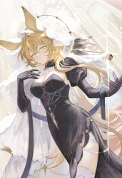 Rule 34 | 1girl, animal ears, arknights, black dress, black gloves, blonde hair, breasts, cleavage, column, commentary request, crossed bangs, diffraction spikes, dorothy (arknights), dorothy (hand of destiny) (arknights), dress, gem, gloves, hair between eyes, headscarf, highres, jewelry, long hair, long sleeves, looking at viewer, medium breasts, multiple rings, necklace, official alternate costume, parted lips, pearl (gemstone), pearl necklace, pillar, riku (kanitotora), ring, solo, standing, star (symbol), very long hair, watermark