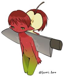 Rule 34 | 1other, androgynous, apple, artist name, bisected, cutting, food, fruit, green eyes, highres, knife, looking at viewer, navel, nude, original, pointy ears, red hair, seed, short hair, simple background, solo, split, torori toro (oimo kenpi), white background
