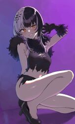 1girl absurdres alternate_costume blush breast_cutout breasts cleavage_cutout clothing_cutout cosplay high_heels highres hololive hololive_english kazusa_(blue_archive) kazusa_(halloween)_(blue_archive) multicolored_hair no_panties purple_background second-party_source shiori_novella simple_background split-color_hair teeth torn_clothes underboob wanimaru