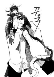 Rule 34 | 1boy, arknights, carrying, carrying person, chongyue (arknights), coat, commentary request, dragon boy, dragon horns, dragon tail, earrings, greyscale, horns, jacket, jewelry, korean commentary, korean text, long hair, long sleeves, looking at viewer, low ponytail, male focus, mini person, miniboy, monochrome, nills, one eye closed, open clothes, open coat, pants, pointy ears, ponytail, pov, shoes, simple background, tail, translation request, white background