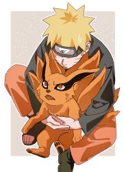 Rule 34 | 1boy, black jacket, black shoes, blonde hair, border, facial mark, fangs, forehead protector, grey background, highres, hug, hug from behind, jacket, kitsune, konohagakure symbol, kurama (naruto), looking up, male focus, naruto (series), naruto shippuuden, open mouth, orange fur, orange pants, pants, pnpk 1013, red eyes, shoes, simple background, sitting, spiked hair, sweatdrop, two-tone background, uzumaki naruto, whisker markings, white border