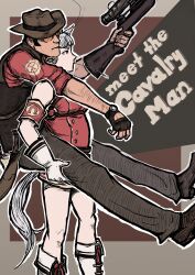 absurdres armband brown_pants carrying color_connection english_text gold_ship_(umamusume) gun highres jacket limestone_(artist) meet_the_team pants piggyback red_armband red_jacket red_sniper_(tf2) rifle sketch sniper_(tf2) sniper_rifle team_fortress_2 umamusume weapon
