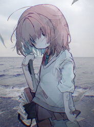 1girl absurdres aqua_eyes aqua_hair brown_eyes brown_hair closed_mouth colored_inner_hair grey_vest heterochromia highres looking_at_viewer medium_hair multicolored_hair ocean original paper shirt short_hair soresaki two-tone_hair vest white_shirt