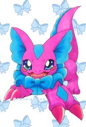 Rule 34 | blue eyes, claws, digimon, digimon (creature), elizamon, fangs, frills, happy, highres, looking at viewer, ramune (artist), ribbon, sharp teeth, tail, teeth