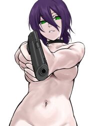 1girl aiming aiming_at_viewer black_choker chainsaw_man choker green_eyes gun hair_between_eyes highres holding holding_gun holding_weapon navel purple_hair reze_(chainsaw_man) simple_background solo thebabalgam weapon white_background