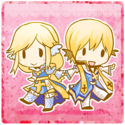 1boy 1girl :d arch_bishop_(ragnarok_online) black_wings blonde_hair blue_coat blue_dress chibi chibi_only coat commentary_request cross dress fishnet_thighhighs fishnets frilled_thighhighs frills full_body head_wings holding_hands lautrec_v long_hair long_sleeves looking_at_viewer lowres open_mouth pants pink_background ragnarok_online sash shoes short_hair smile solid_oval_eyes thighhighs white_pants white_thighhighs white_wings wings yellow_sash