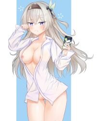 1girl absurdres black_hairband blue_background blue_pupils border breasts cellphone collarbone collared_shirt commentary cowboy_shot dot_nose firefly_(honkai:_star_rail) grey_hair hair_between_eyes hairband hands_up highres holding holding_phone honkai:_star_rail honkai_(series) large_breasts long_hair long_sleeves looking_at_viewer naked_shirt nipple_slip nipples nokchya_ame open_clothes open_shirt outside_border phone purple_eyes pussy rubbing_eyes shirt sleepy smartphone solo squeans uncensored white_border white_shirt