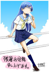 1girl against_railing alternate_eye_color blue_eyes blue_hair blue_sailor_collar blue_skirt blue_socks brown_shoes food food_in_mouth foot_on_railing full_body hand_on_railing holding holding_food holding_popsicle idolmaster idolmaster_(classic) kisaragi_chihaya kneehighs loafers long_hair looking_to_the_side minazuki_tsuyuha neckerchief outdoors popsicle popsicle_in_mouth railing sailor_collar school_uniform serafuku shirt shoes short_sleeves skirt socks solo standing standing_on_one_leg summer_uniform sweatdrop translation_request white_shirt yellow_neckerchief