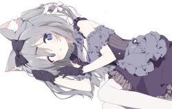 1girl :o amairo_chocolata animal_ear_fluff animal_ears black_gloves black_hairband blush bow cat_ears cat_girl center-flap_bangs collar detached_collar detached_sleeves dress dutch_angle frilled_collar frilled_dress frilled_sleeves frills gloves grey_hair hair_ornament hair_ribbon hairband hairclip highres long_hair looking_at_viewer lying navel on_side open_mouth pantyhose paw_hair_ornament paw_hairpin puffy_sleeves purple_eyes ribbon short_sleeves skirt solo striped_clothes striped_skirt tail tail_ornament tail_ribbon two_side_up urotsuki_(ku9625) vertical-striped_clothes vertical-striped_skirt white_background white_pantyhose white_ribbon yukimura_chieri
