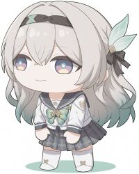 1girl black_hairband bow bowtie checkered_bow checkered_bowtie checkered_clothes chibi firefly_(honkai:_star_rail) firefly_(spring_missive)_(honkai:_star_rail) full_body gradient_hair green_bow green_bowtie green_hair green_pupils grey_hair grey_sailor_collar hairband highres honkai:_star_rail honkai_(series) long_hair long_sleeves mascot_costume multicolored_hair plaid_bow plaid_bowtie plaid_clothes plaid_skirt pleated_skirt raymnd sailor_collar school_uniform shirt skirt solo white_background white_shirt wuthering_waves