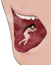 2girls black_hair breasts closed_eyes fang kiyoshi2431 long_hair lying mini_person minigirl multiple_girls nude on_side original saliva simple_background size_difference teeth tongue vore white_background
